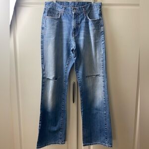 Lucky Brand Blue Dungarees, 32 Reg, boot, cut, zip flyJeans , distressed knees